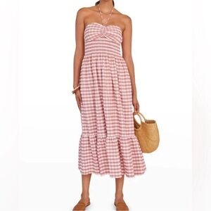NEW Hunter Bell Lindley Pink White Gingham Halter Smocked Midi Dress Size M
